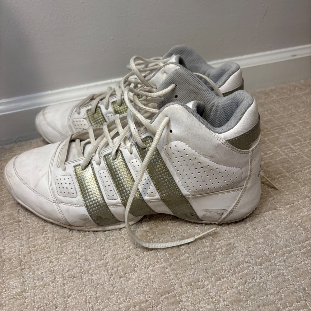 Adidas Basketball Shoes Men 10 White Olive High Top G09539 Metallic Stripes